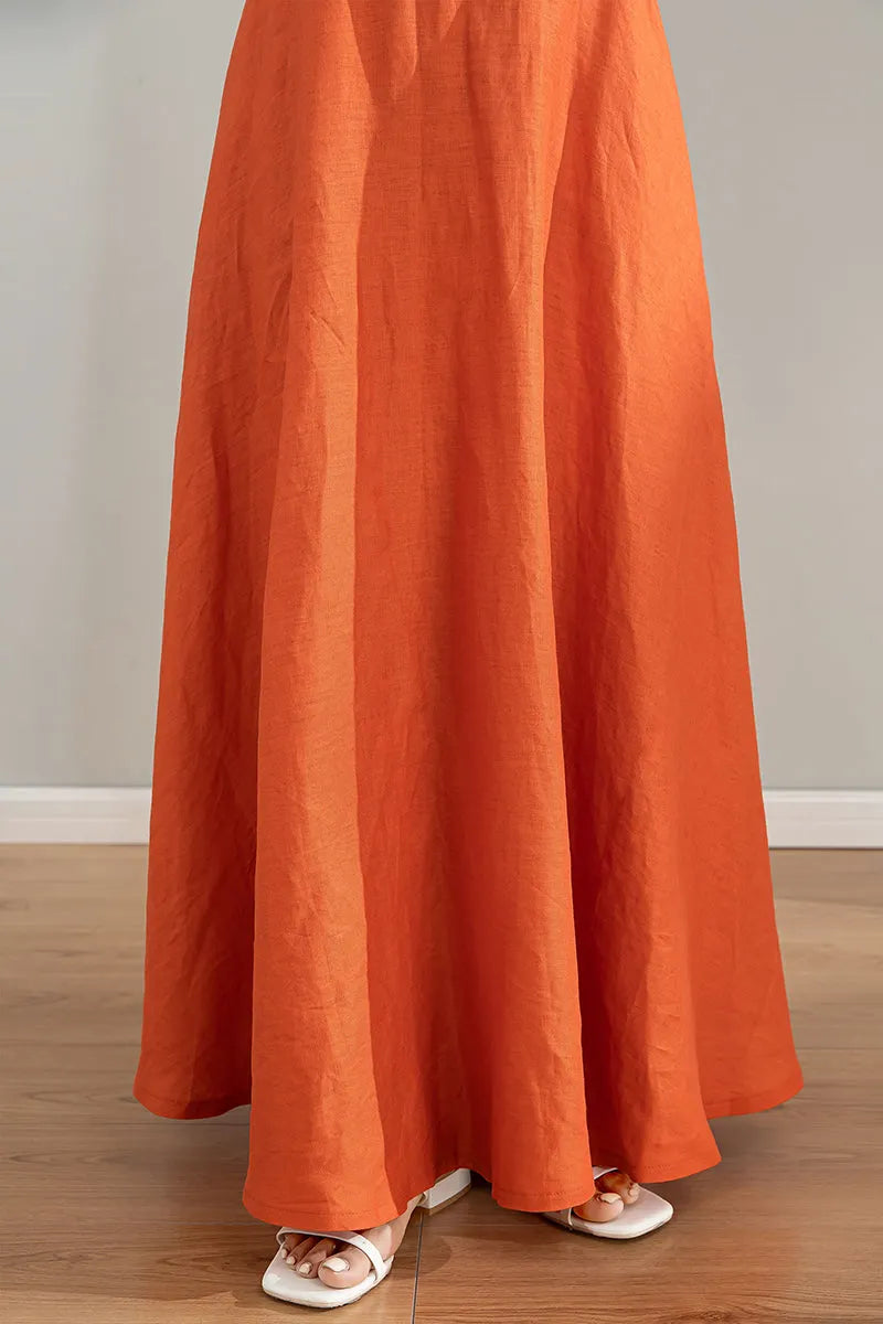 Orange Linen Skirt - High Waisted A-Line Midi Skirt 4215