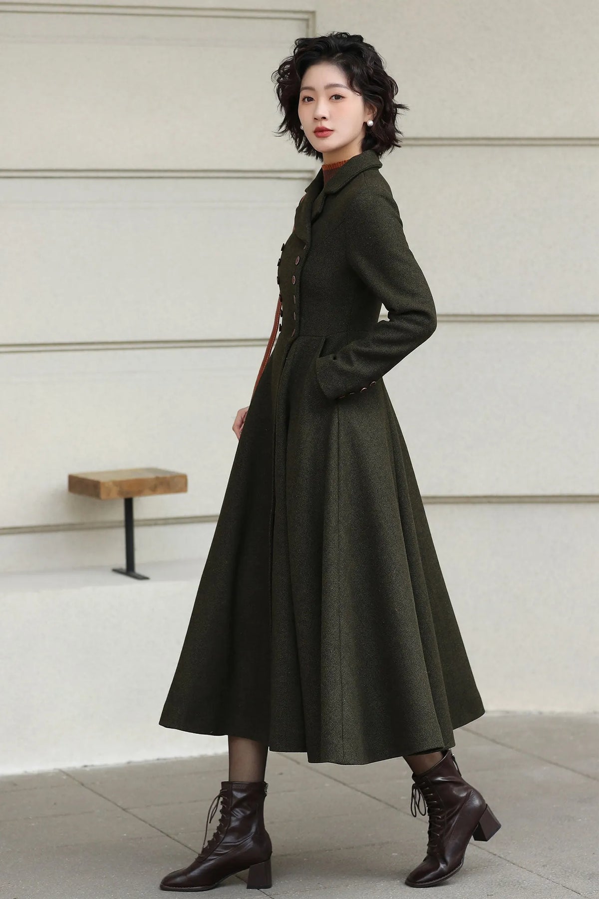 Xiaolizi Olive Green Handmade Wool Coat – Vintage A-Line Double Breasted Winter Coat 6611