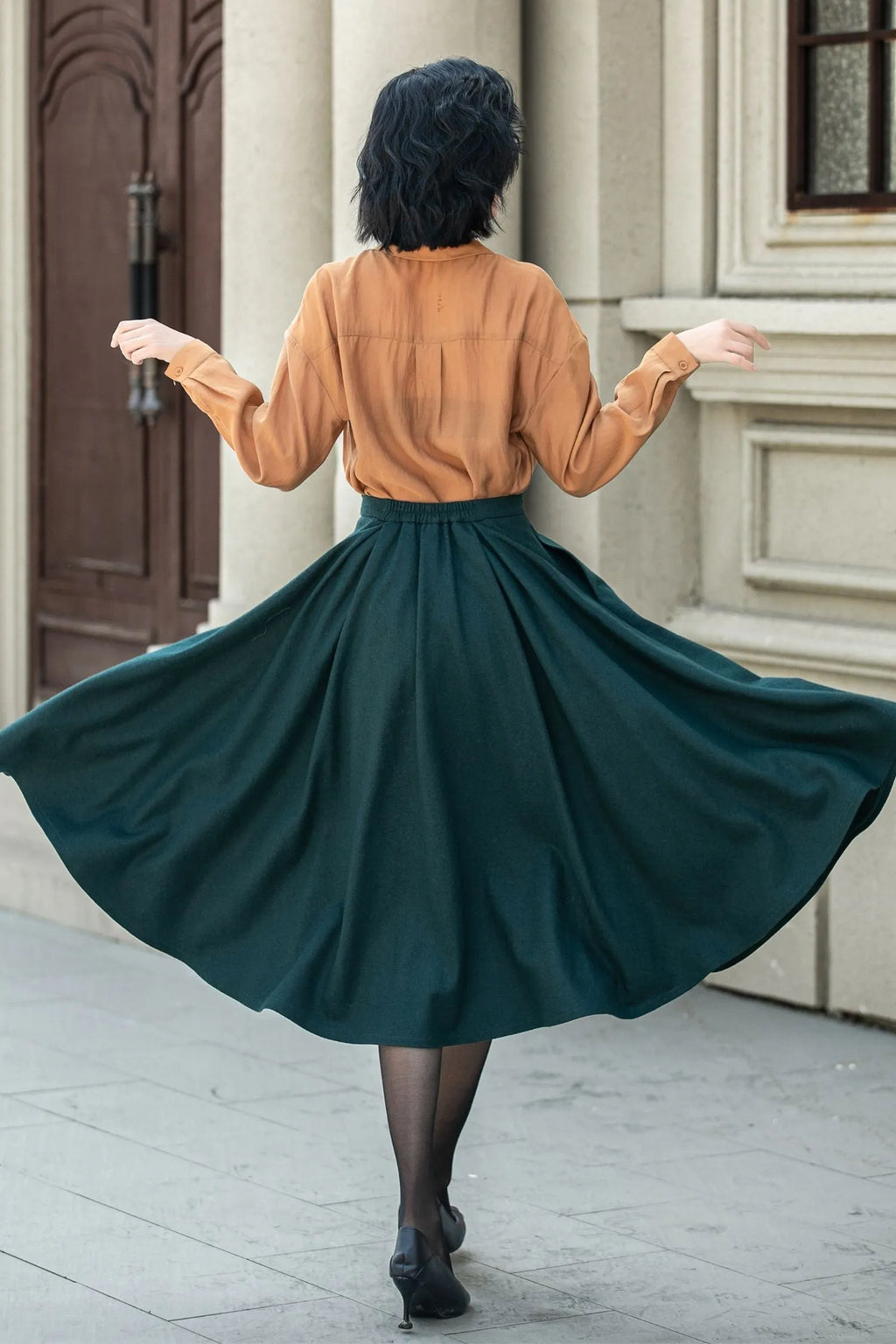 Dark Green Wool Midi Skirt - Flared A-Line with Elastic Waist 5311