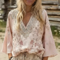 Linen Bohemian Embroidered Top Women's Loose Long Sleeve Peasant Blouse Ethnic Vintage Style Summer Casual Shirt
