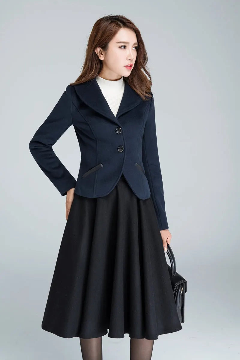 Dark Blue Wool Short Coat - Single Breasted Pockets 