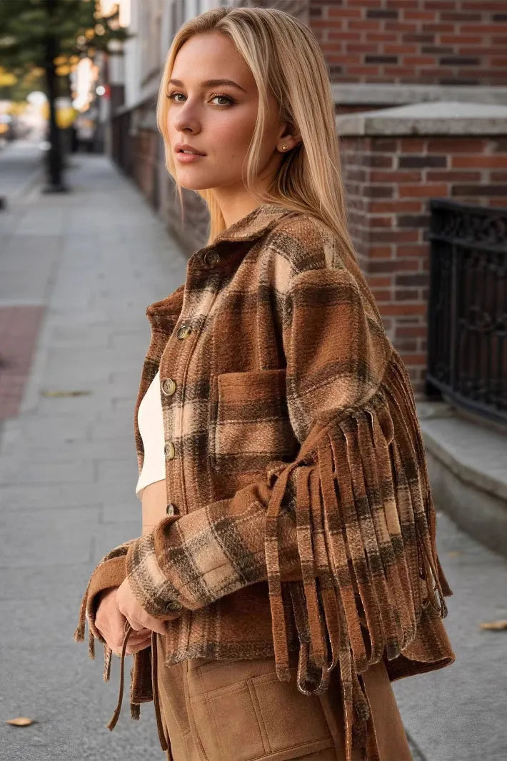 Plaid Fringe Wool Crop Coat