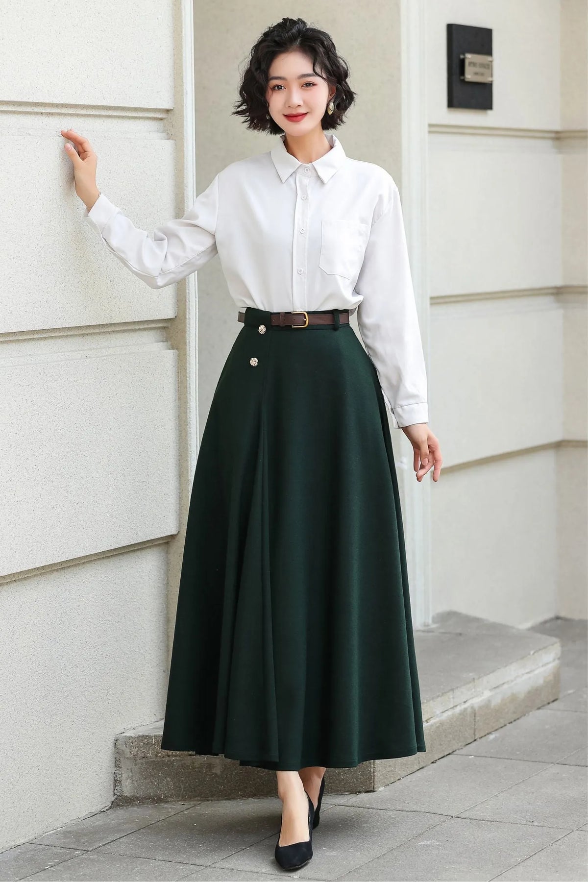 Dark Green Wool A-Line Ankle-Length Skirt - Flowy Elegant Winter Style 6976