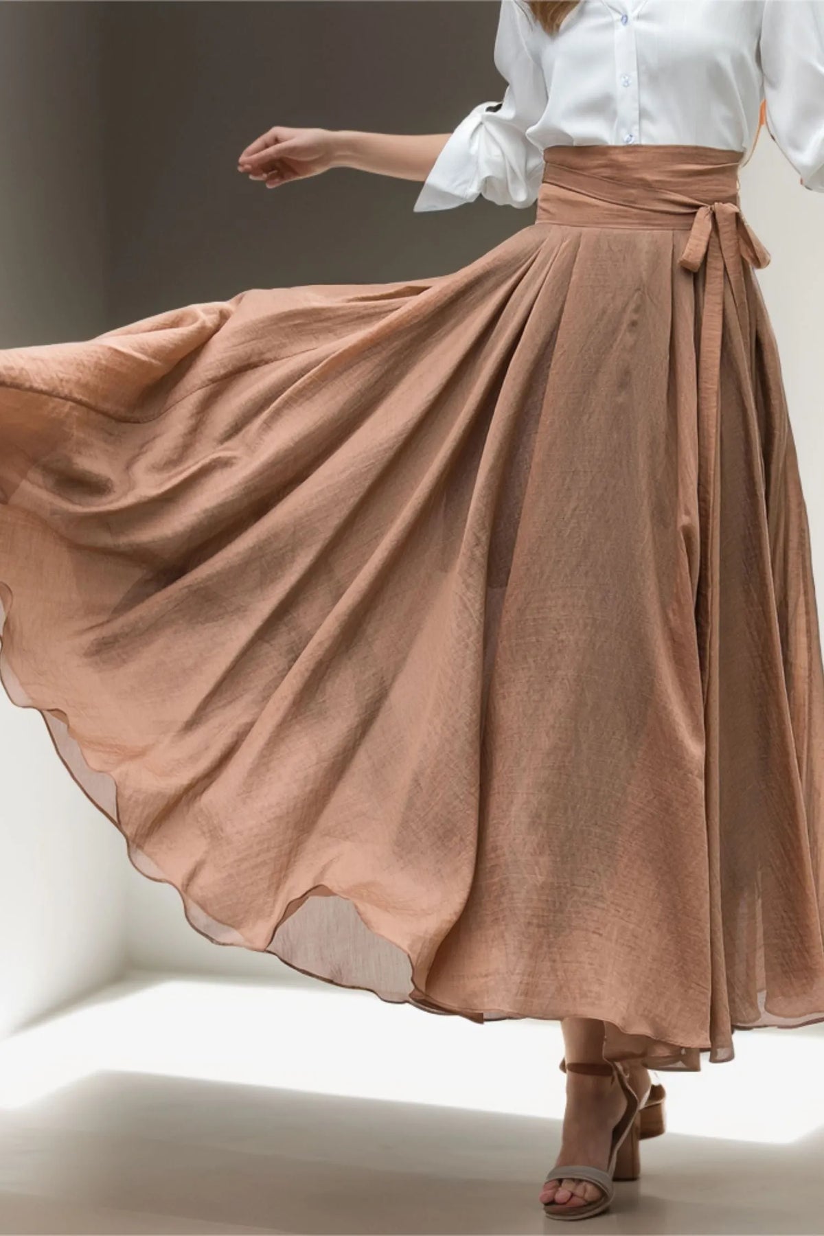 Brown Chiffon Circle Maxi Skirt - High Waist Self-Tie Belt 