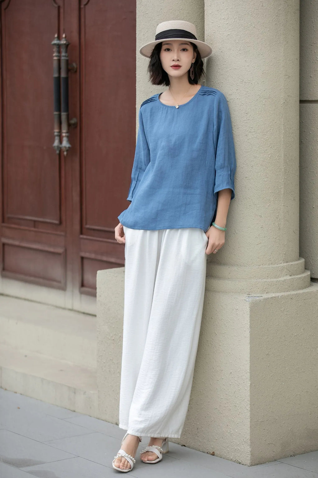 Blue Linen Blouse - Loose Fit with Boat Neckline 5221
