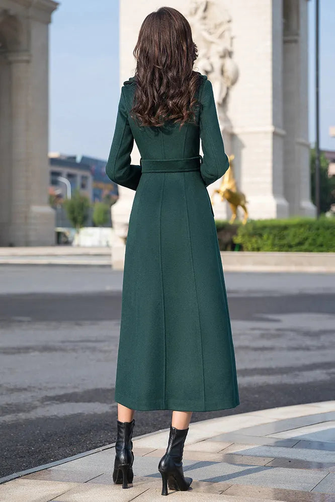 Vintage-Inspired Long Wool Coat – Women’s Belted Winter Overcoat with Pockets 3980