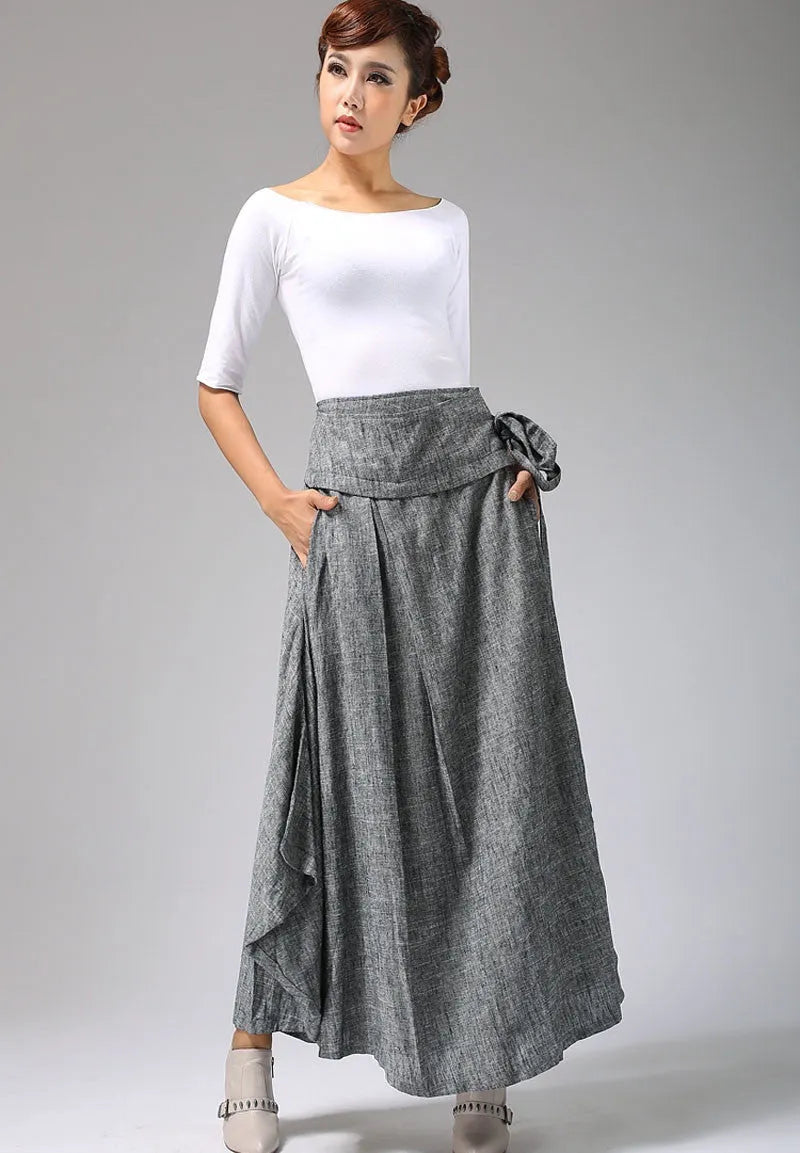 Gray Linen Cotton Maxi Skirt – Handmade Wrap Skirt with Belt  0689