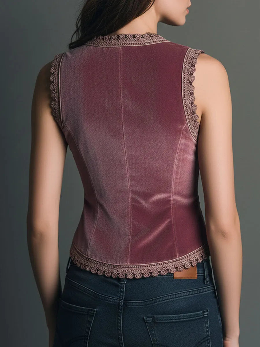 Vintage Dusty Rose Velvet Embroidered Vest With Lace Trim