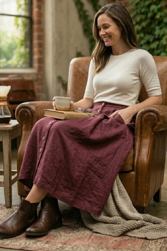 Wine Red Linen Midi Skirt - Button Front Fitted Waist 
