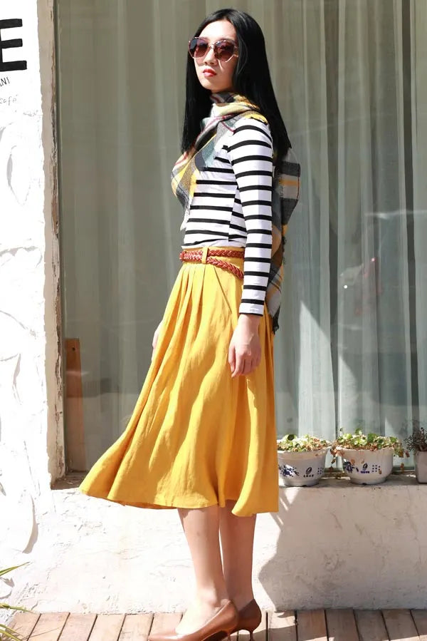 Mustard Yellow Linen Pleated Midi Skirt - High Waist Pockets 