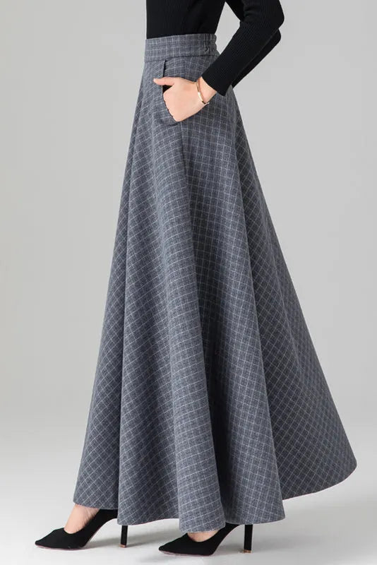 Grey Wool Maxi Skirt - Plaid Patterned, Elastic Waist 3937