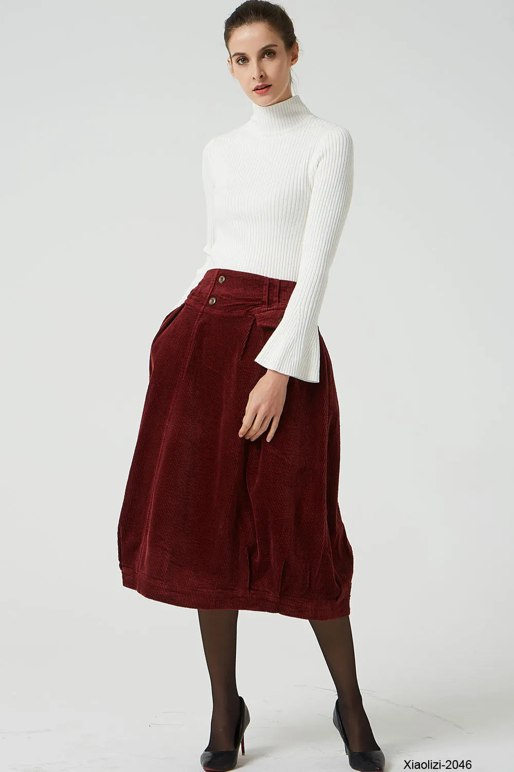 Wine Red Corduroy Bubble Skirt - Elastic Waistband, Pockets 2046