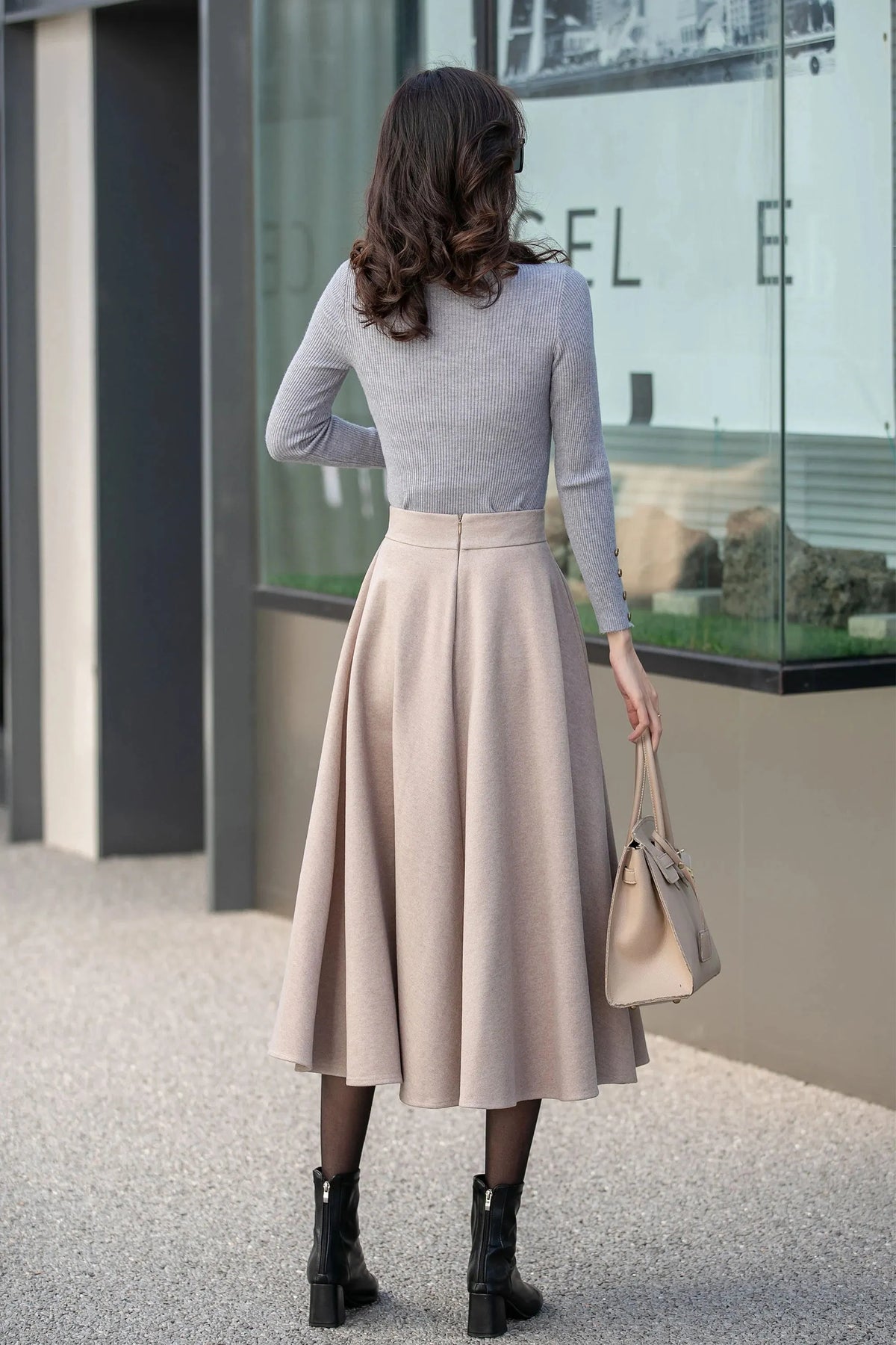 Beige Wool Midi Skirt - High Waisted A-Line with Decorative Pockets 4134