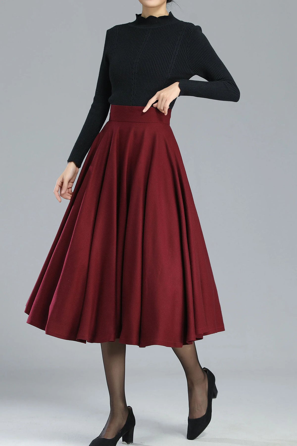 Burgundy Wool Blend Midi Skirt - High-Waisted Full Circle 
