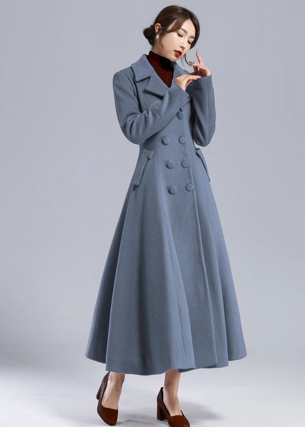 Blue Wool Long Coat - Fit and Flare Double Breasted 5496