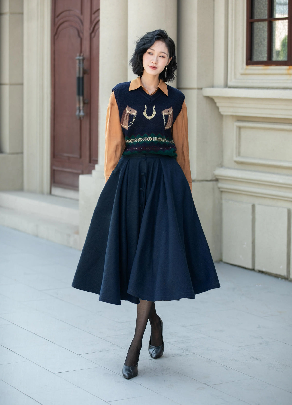 Navy Wool Midi Skirt - High Waist Flare Swing Silhouette 6338