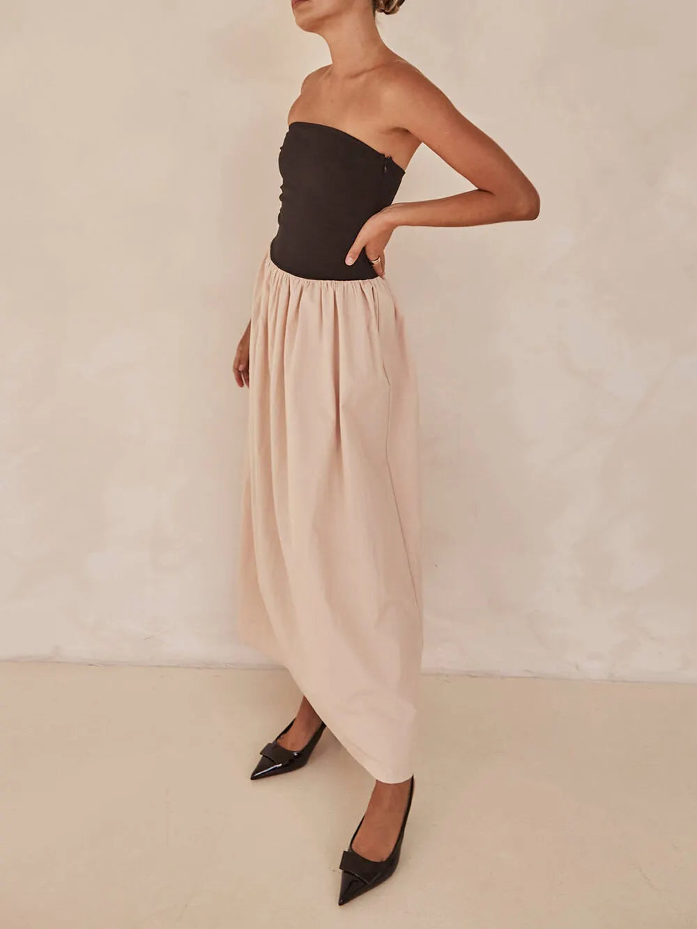 Strapless Black And Charming Sand Paneled Maxi Dress