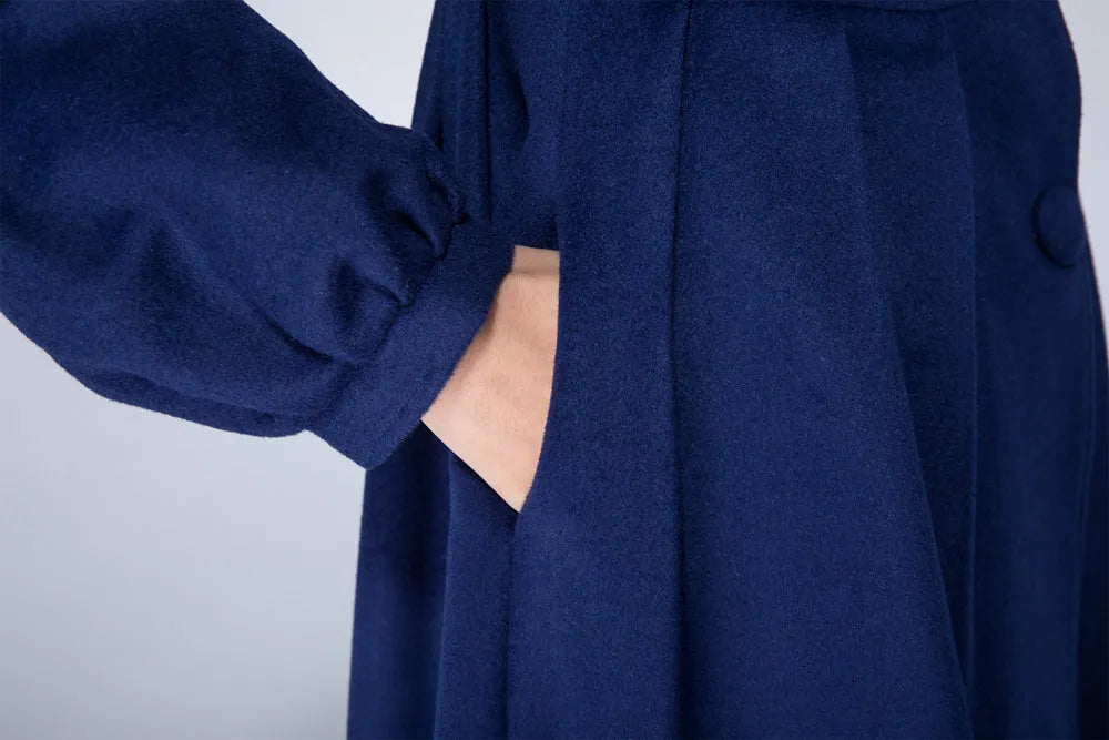 Navy Blue Hooded Wool Coat – Lantern Sleeve Winter Short Coat 