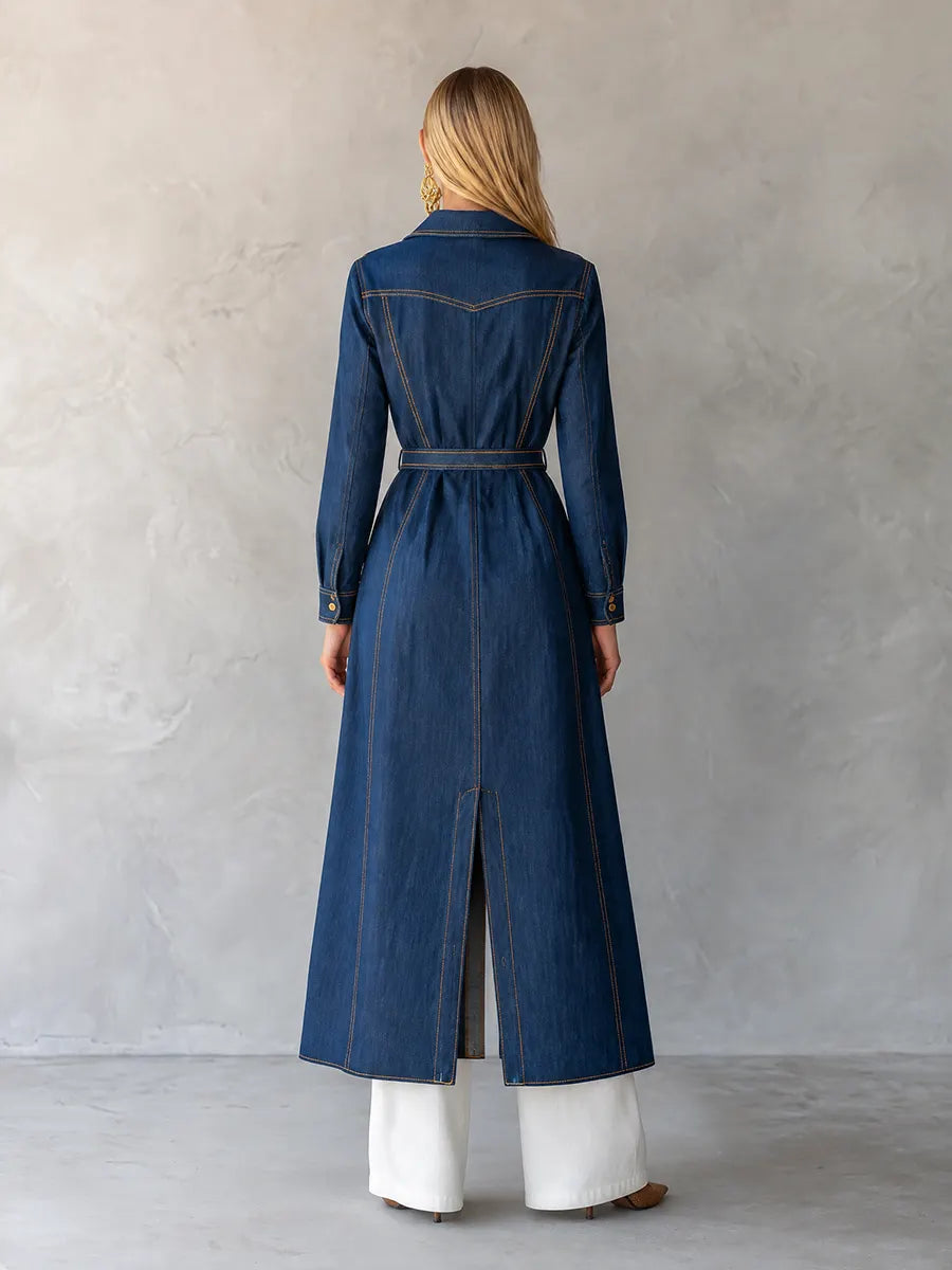 Belted Indigo Contrast Stitching Denim Duster Coat