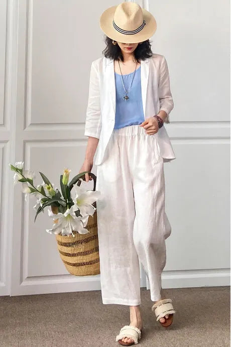 Beige Cotton Linen Wide Leg Pants - Loose Fit with Elastic Waist 3496