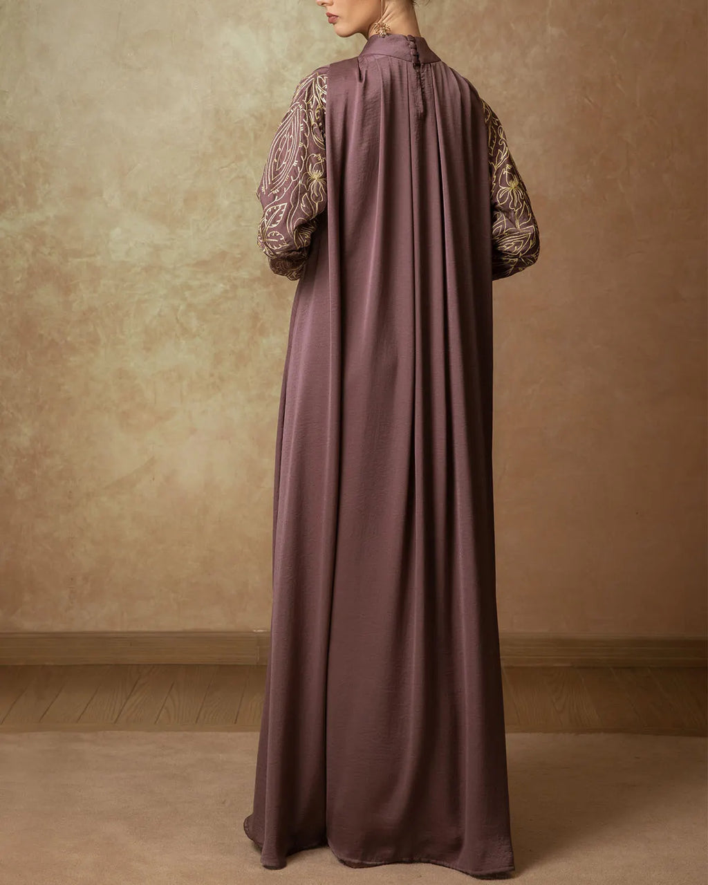 High Neck Gathered Embroidered Puff Sleevedress
