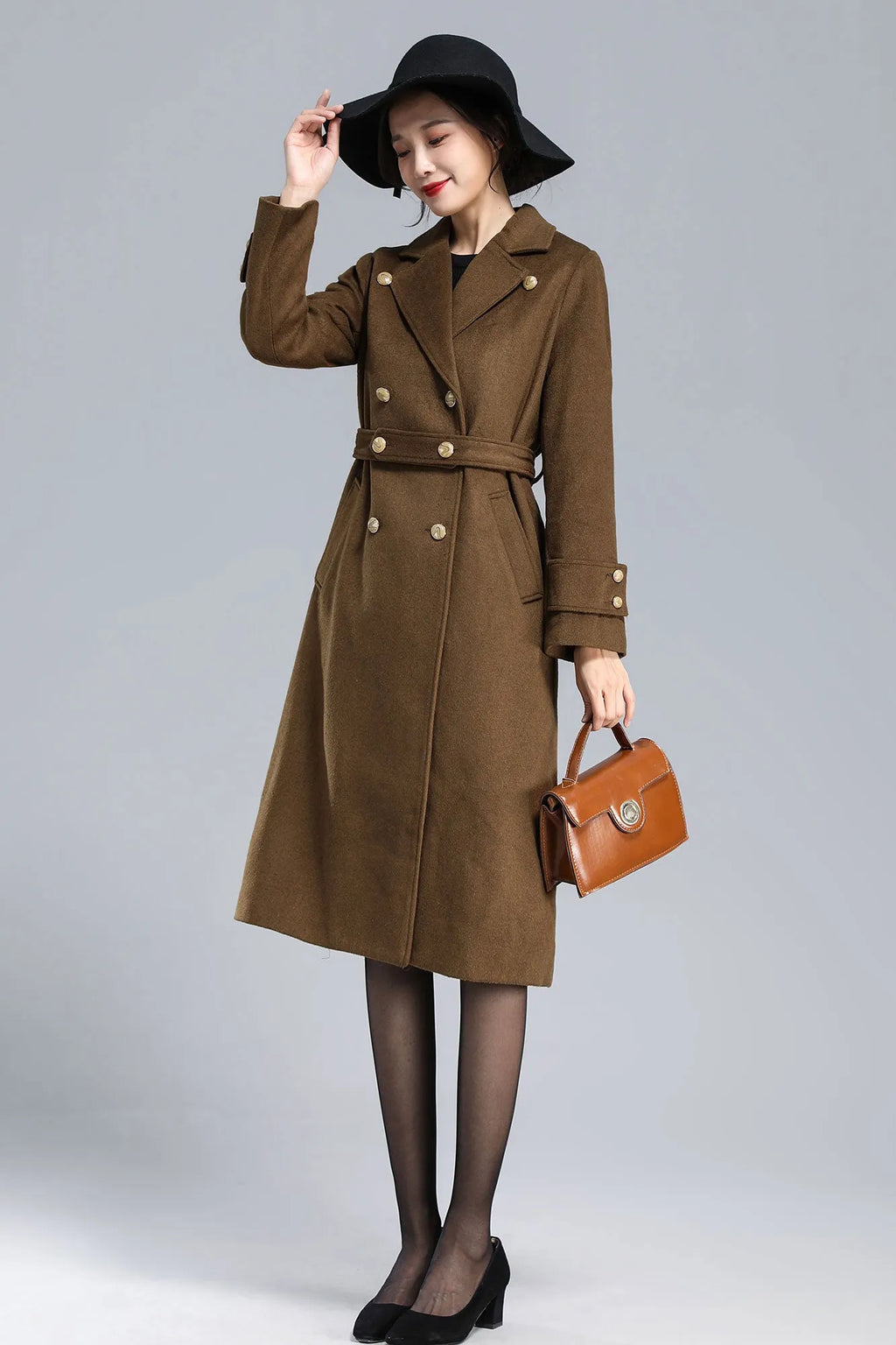 Brown Wool Coat – Vintage Double-Breasted Winter Overcoat with Belt 3178