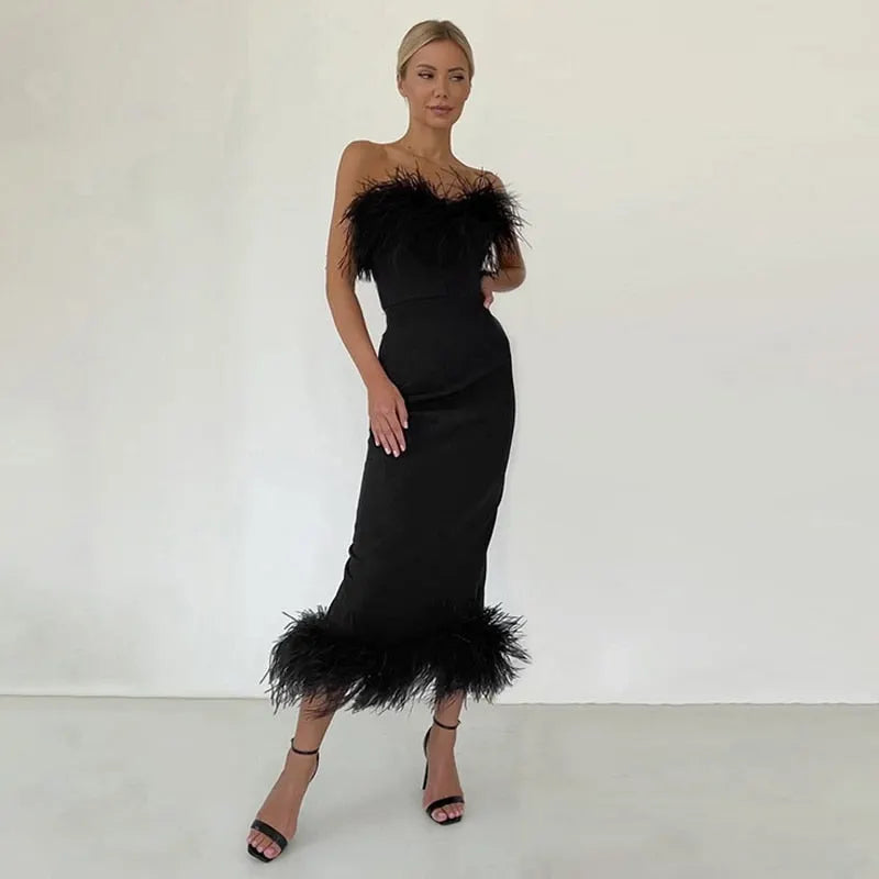 Strapless Feather Evening Sexy Corset Bodycon Midi Dress