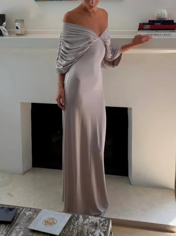 Grey Draped Off-Shoulder Maxi Dress