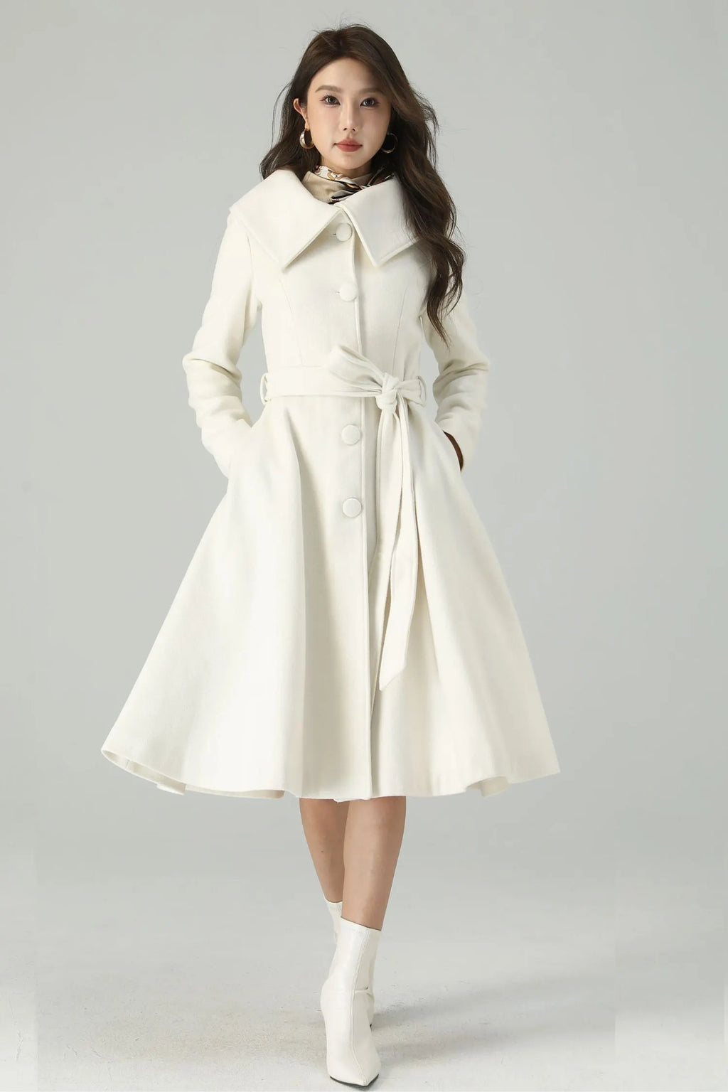 White Wool Blend Knee-Length Coat - Princess Silhouette with Belt 4520