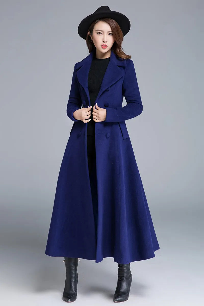 Blue Wool Winter Coat – Double Breasted Long Overcoat with Pockets  1685