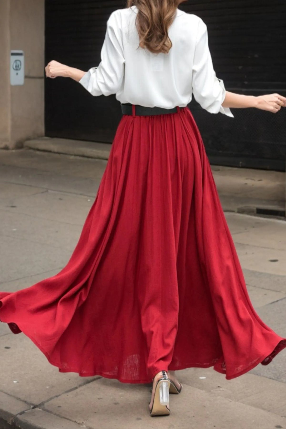 Red Cotton Linen Maxi Skirt - High-Waisted Pleated A-Line Swing 5516