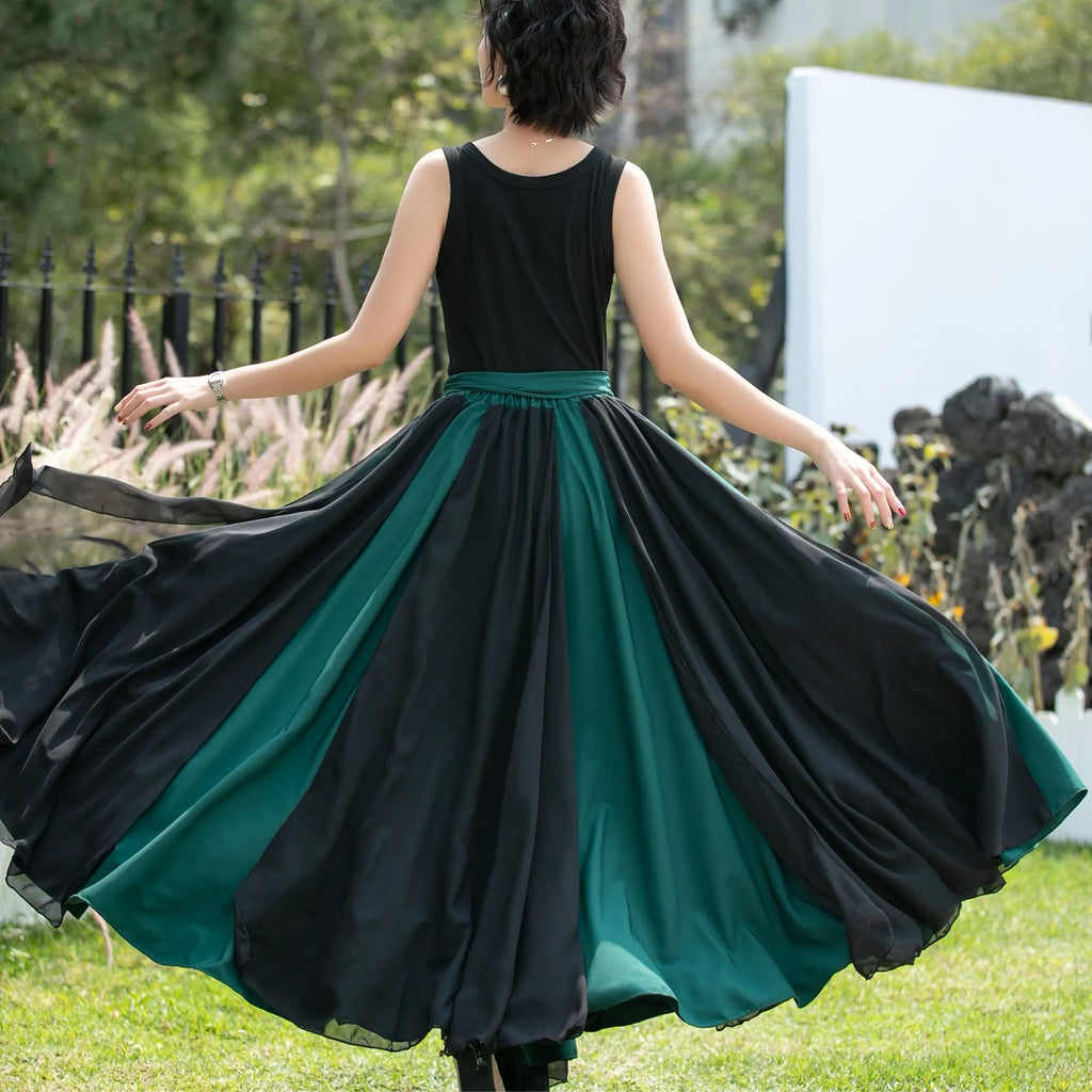 Black and Emerald Green Chiffon Maxi Skirt 