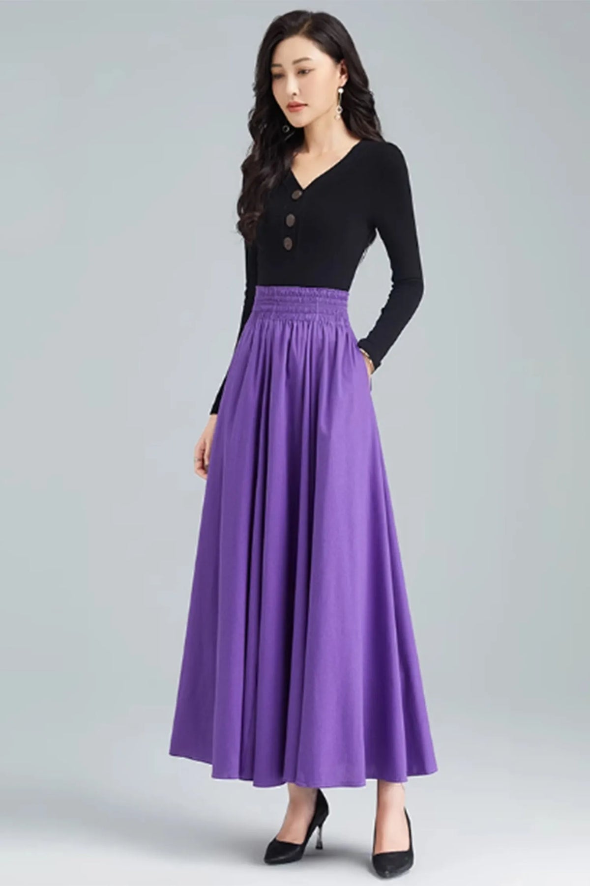 Red Linen Blend Maxi Skirt - Elastic Waist with Pockets 4871