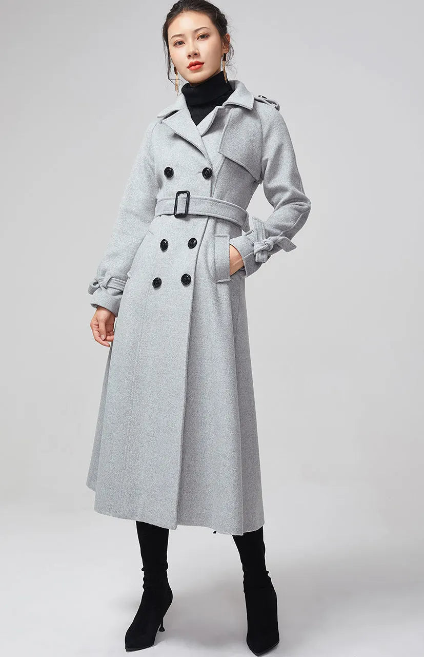 Handmade Gray Wool Trench Coat – Double Breasted Long Winter Overcoat 