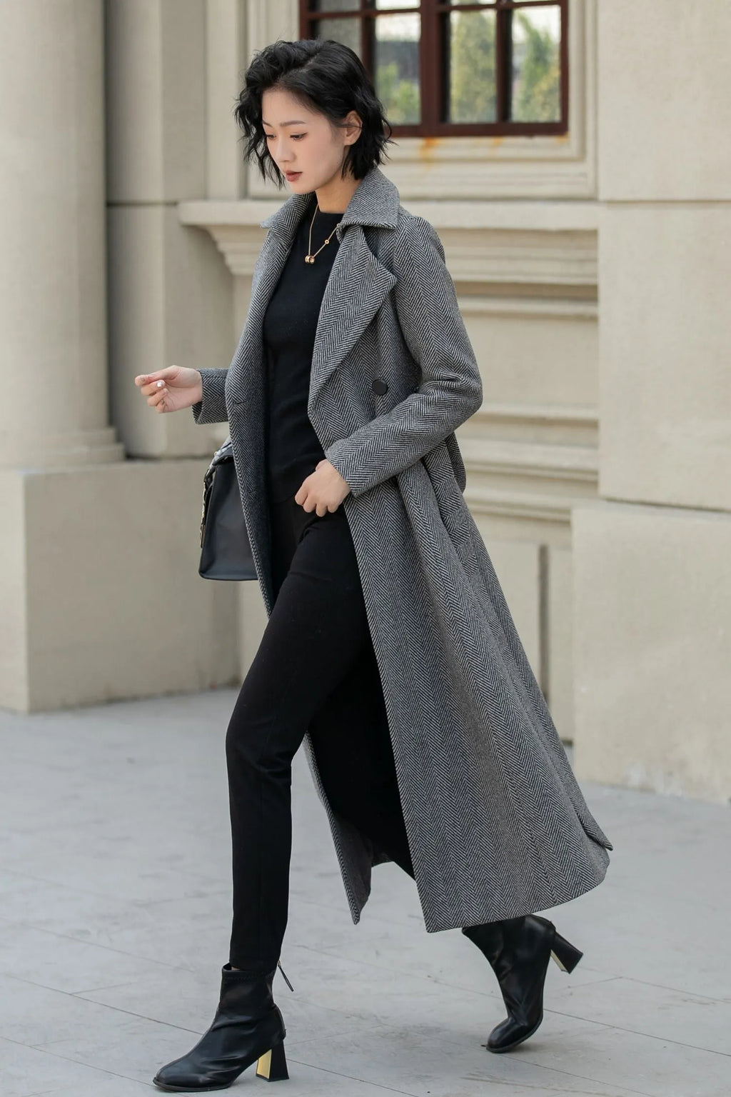 Gray Wool Long Trench Coat - Double Breasted Tie Belt 5455