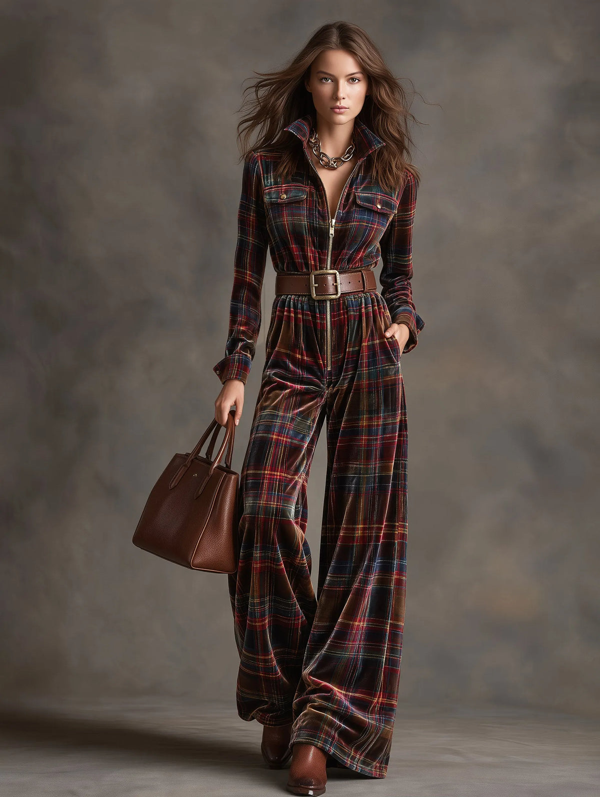 Women's Plaid Velvet Zip-Front Wide-Leg Jumpsuit