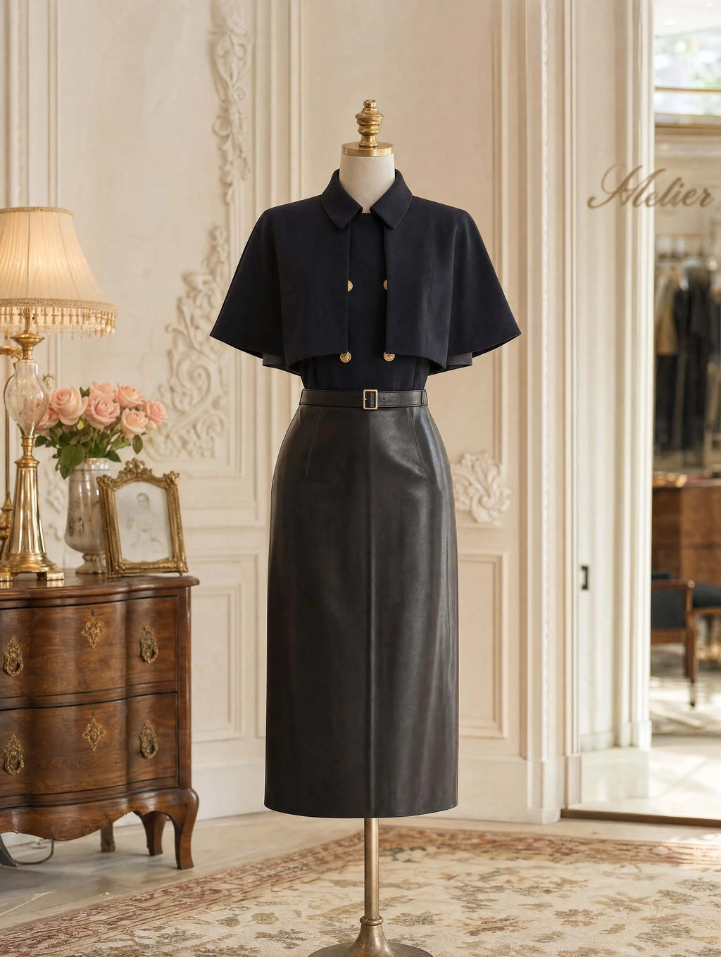 Belted Faux Leather Bodycon Midi Skirt
