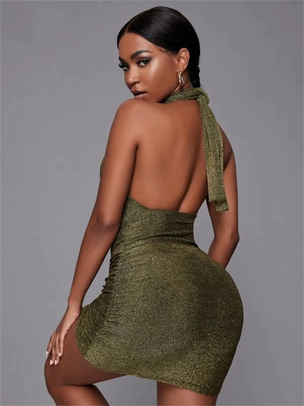 KittenAlarm - Cut Out Drawstring Side Backless Knot Glitter Bodycon Dress