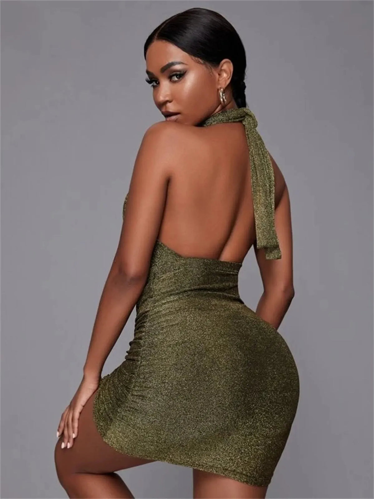 KittenAlarm - Cut Out Drawstring Side Backless Knot Glitter Bodycon Dress