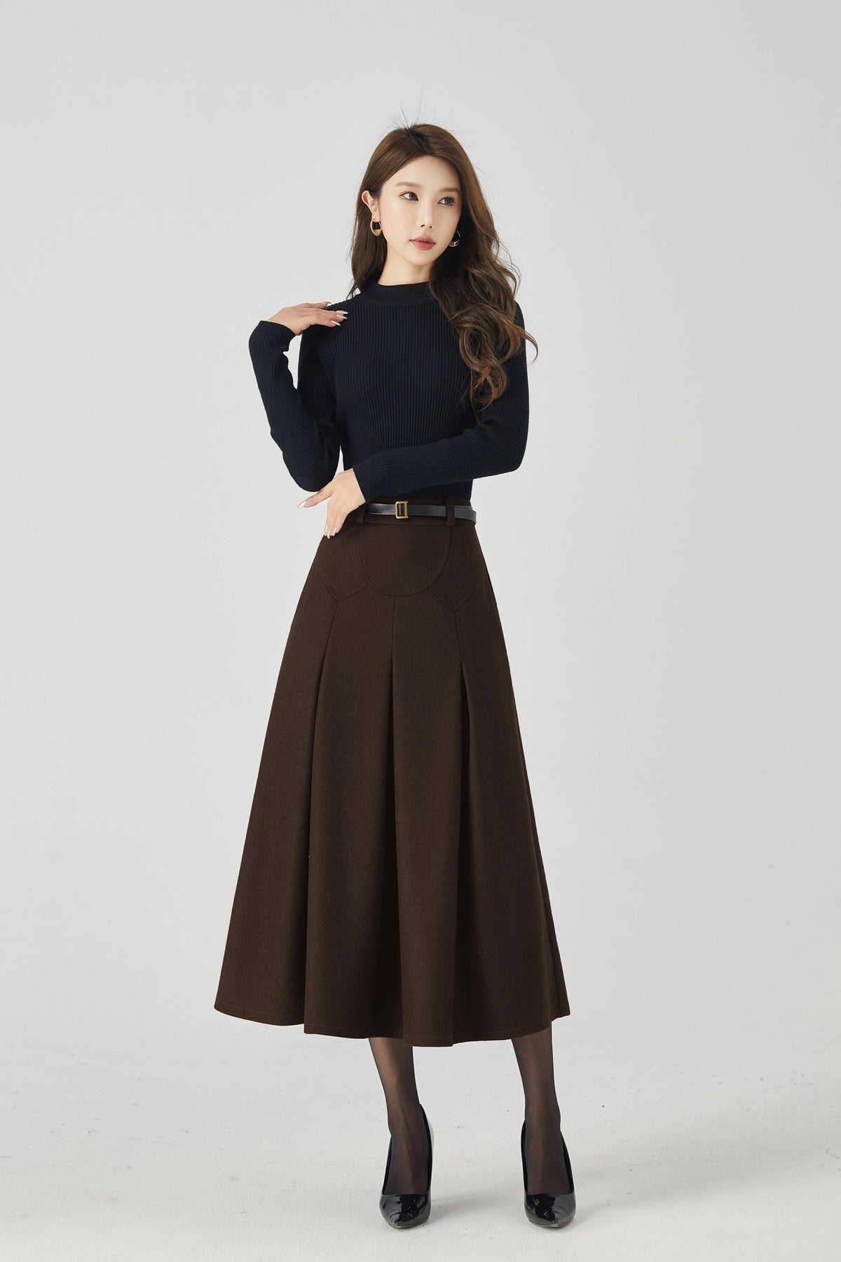 Brown Wool Pleated Midi Skirt - High-Waist A-Line Silhouette 6333