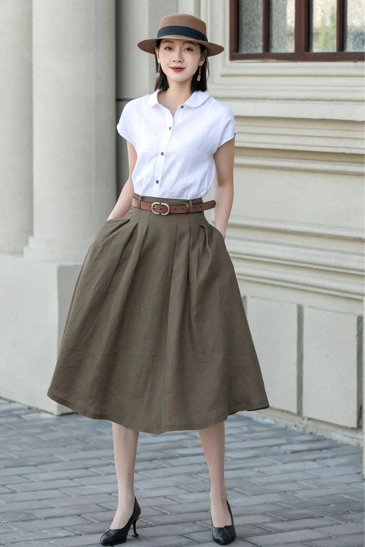Olive Green Linen Blend Pleated Midi Skirt - A-Line with Pockets 5556