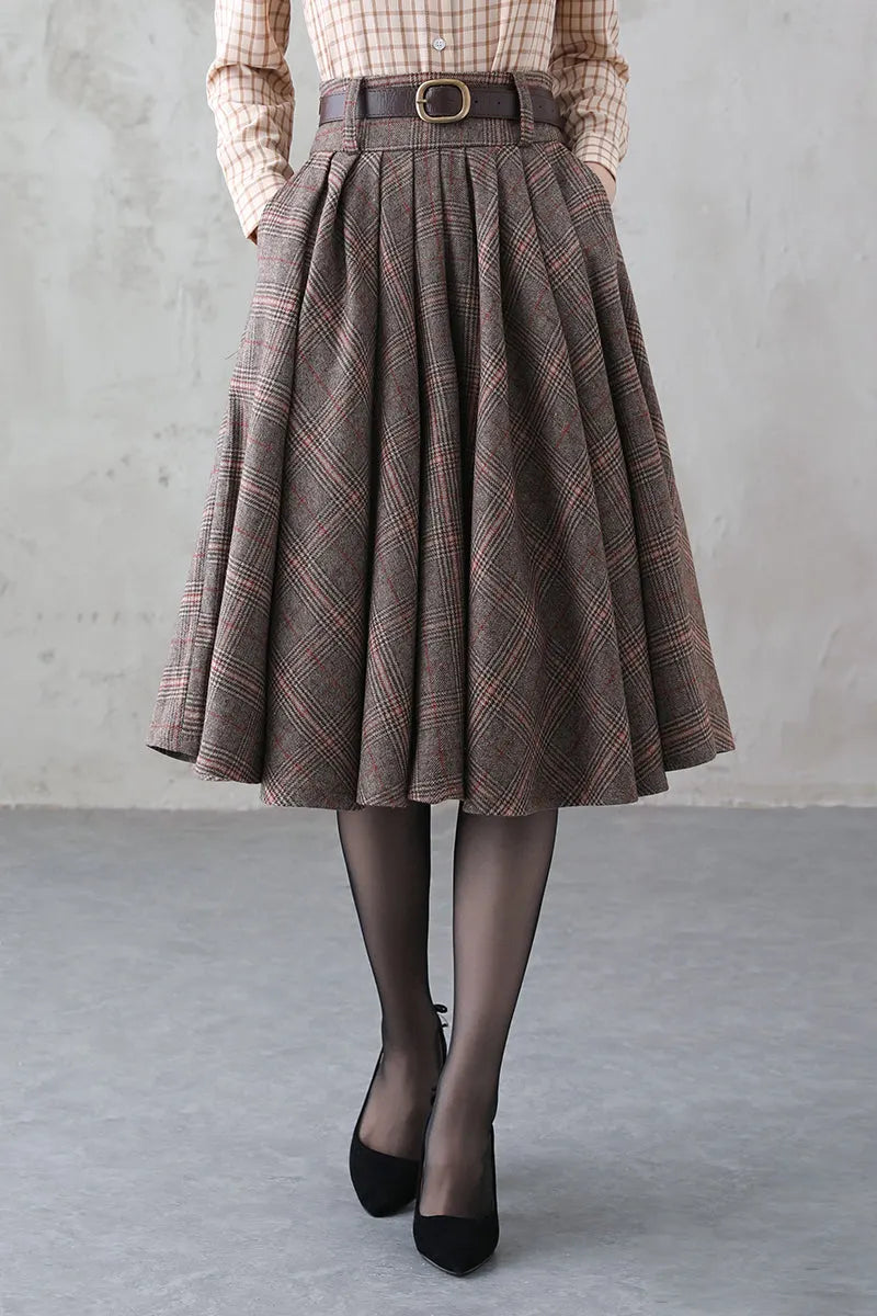 Handmade Brown Plaid Wool Midi Skirt – Vintage Pleated Circle Skirt 
