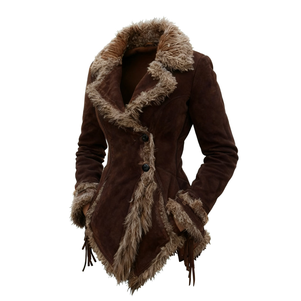 Women's Vintage Suede Coat Fur Collar Lapel Coat Beggar Style Coat