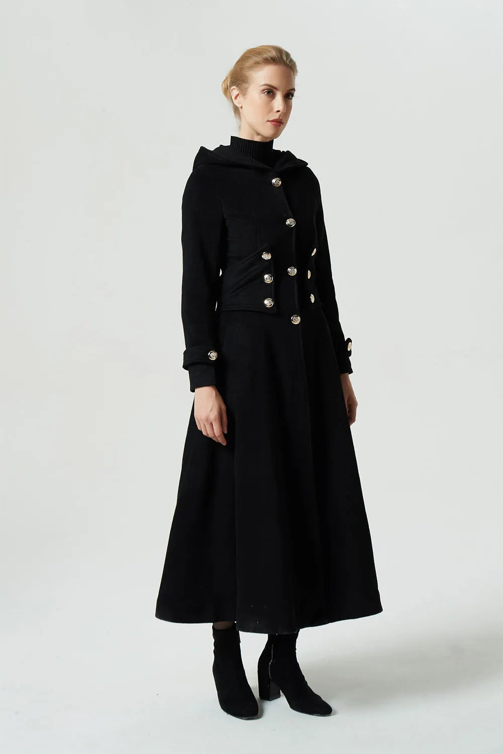 Black Wool Blend Hooded Maxi Coat - Military Style with Wide Waistband 1953