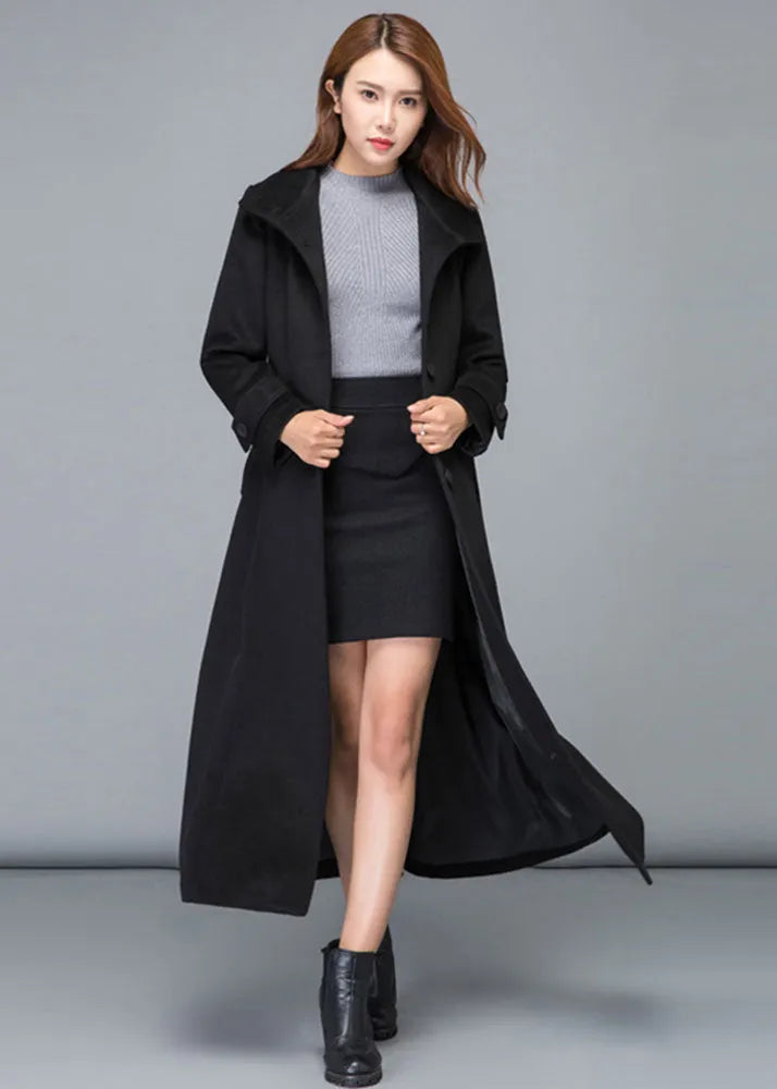 Black Wool Maxi Coat - Stand Collar Fit and Flare Silhouette 2478