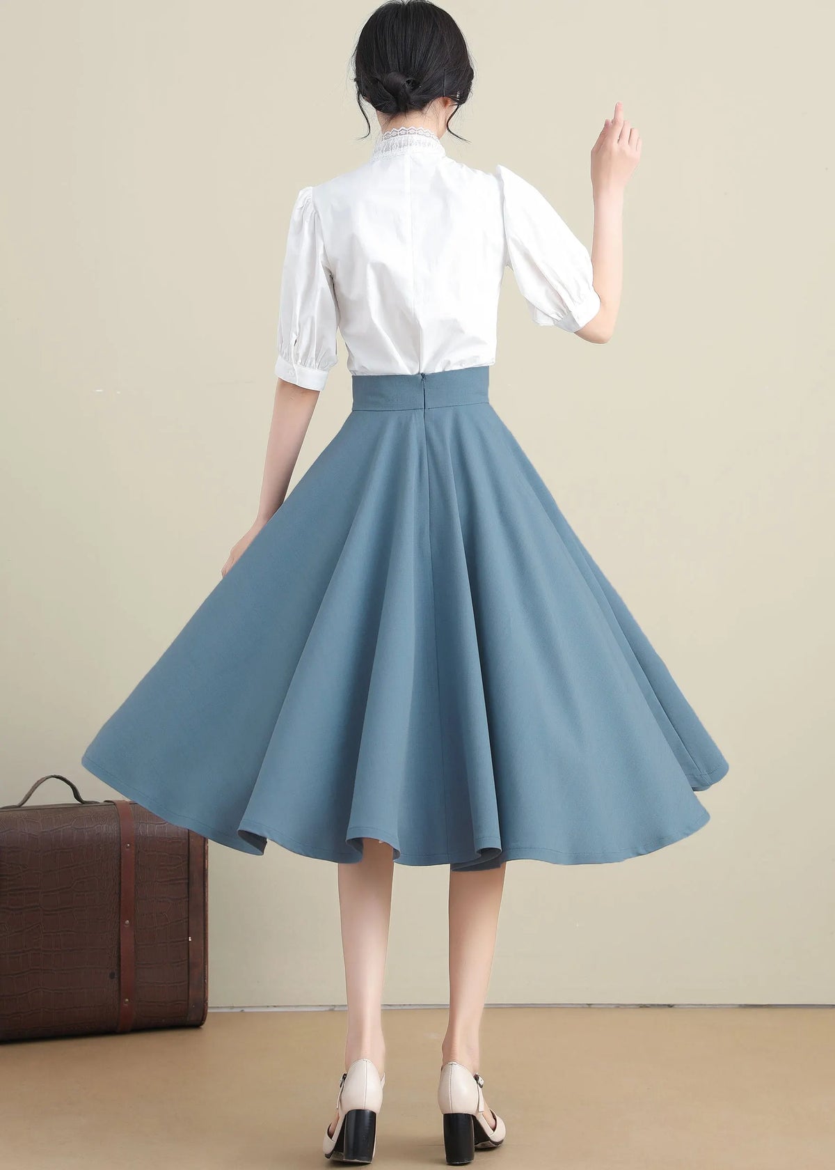 Blue Linen Blend Full Circle Midi Skirt - High-Waisted Flared Silhouette 3275