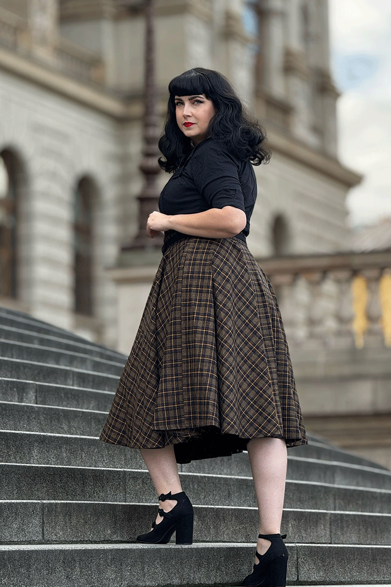 Plaid Wool Midi Skirt - Pleated Circle, High Waist 4727