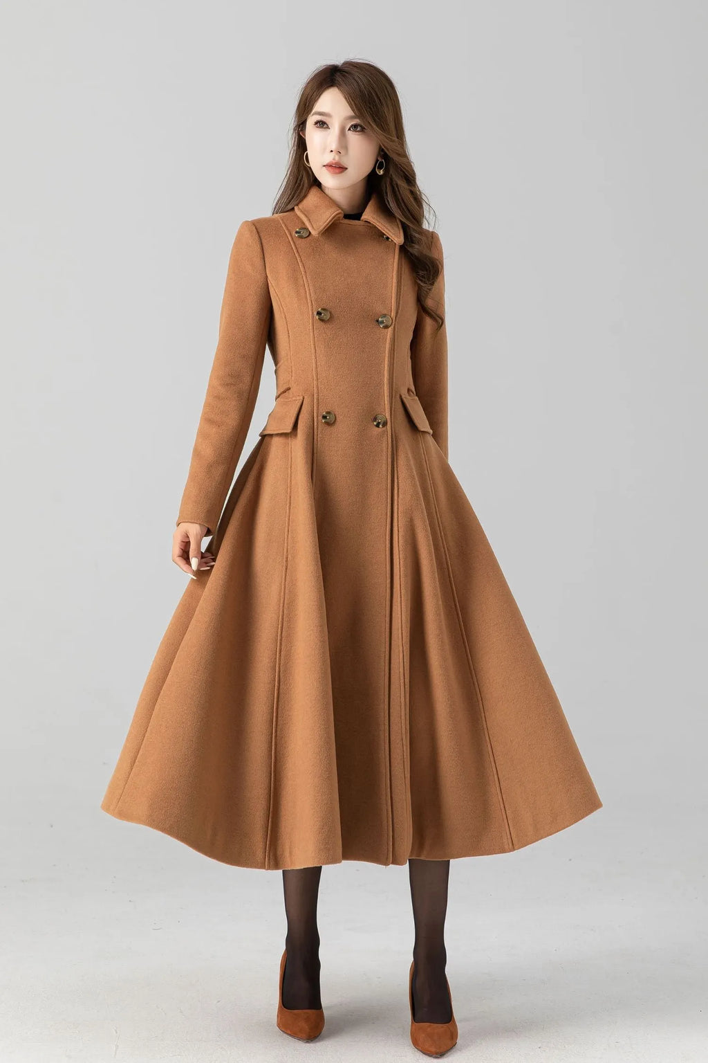 Camel Wool Swing Coat – Vintage Double Breasted Long Winter Overcoat 4668