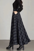 Black Wool Blend Maxi Skirt - A-Line Silhouette with Pockets 4672-5