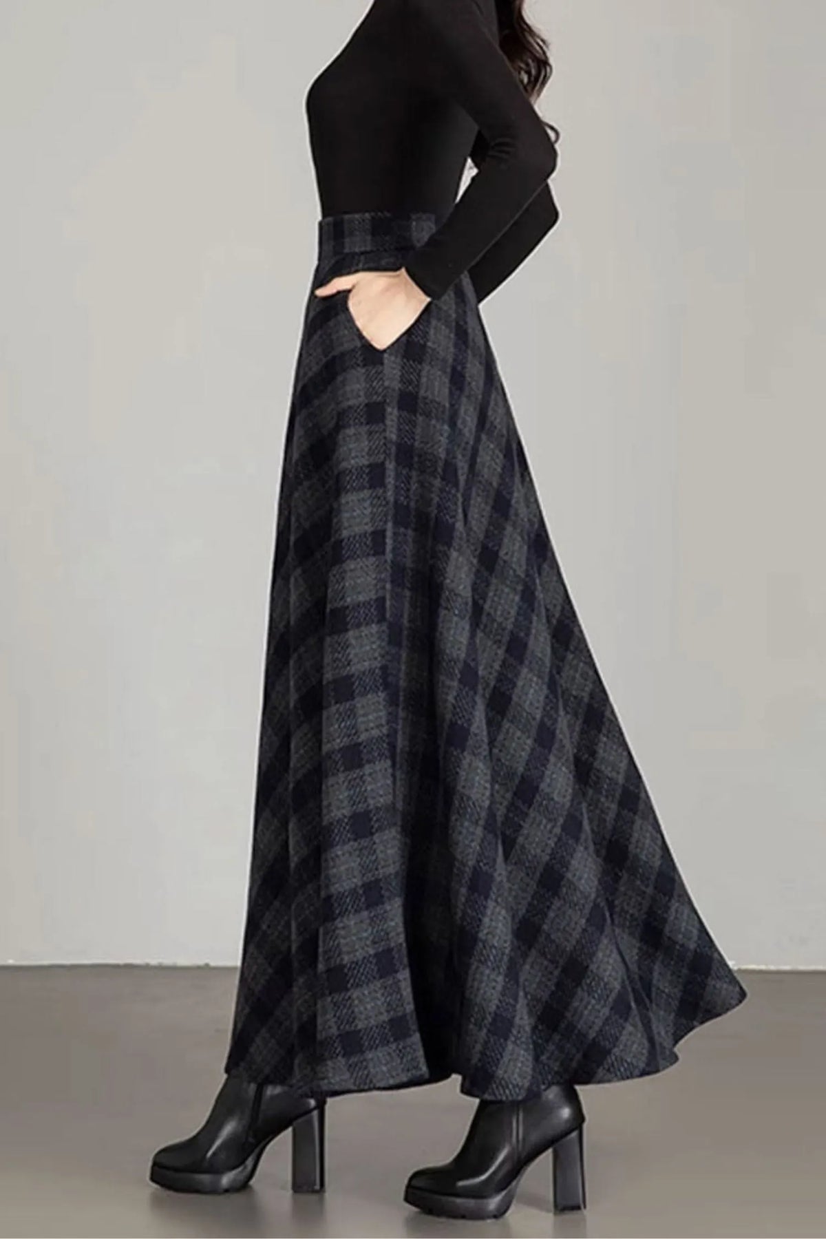 Black Wool Blend Maxi Skirt - A-Line Silhouette with Pockets 4672-5